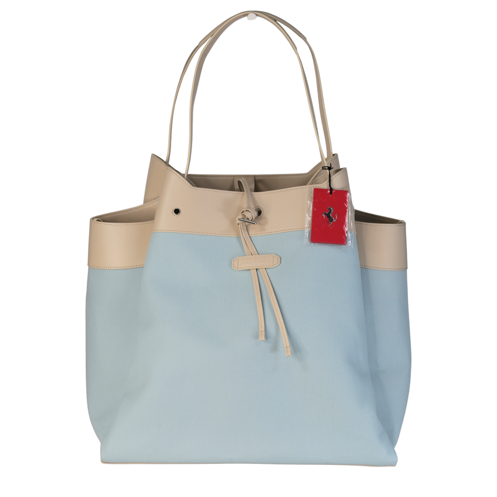 Ferrari X Charles Leclerc Large Tote Bag In Blue Canvas And Stone Leather
