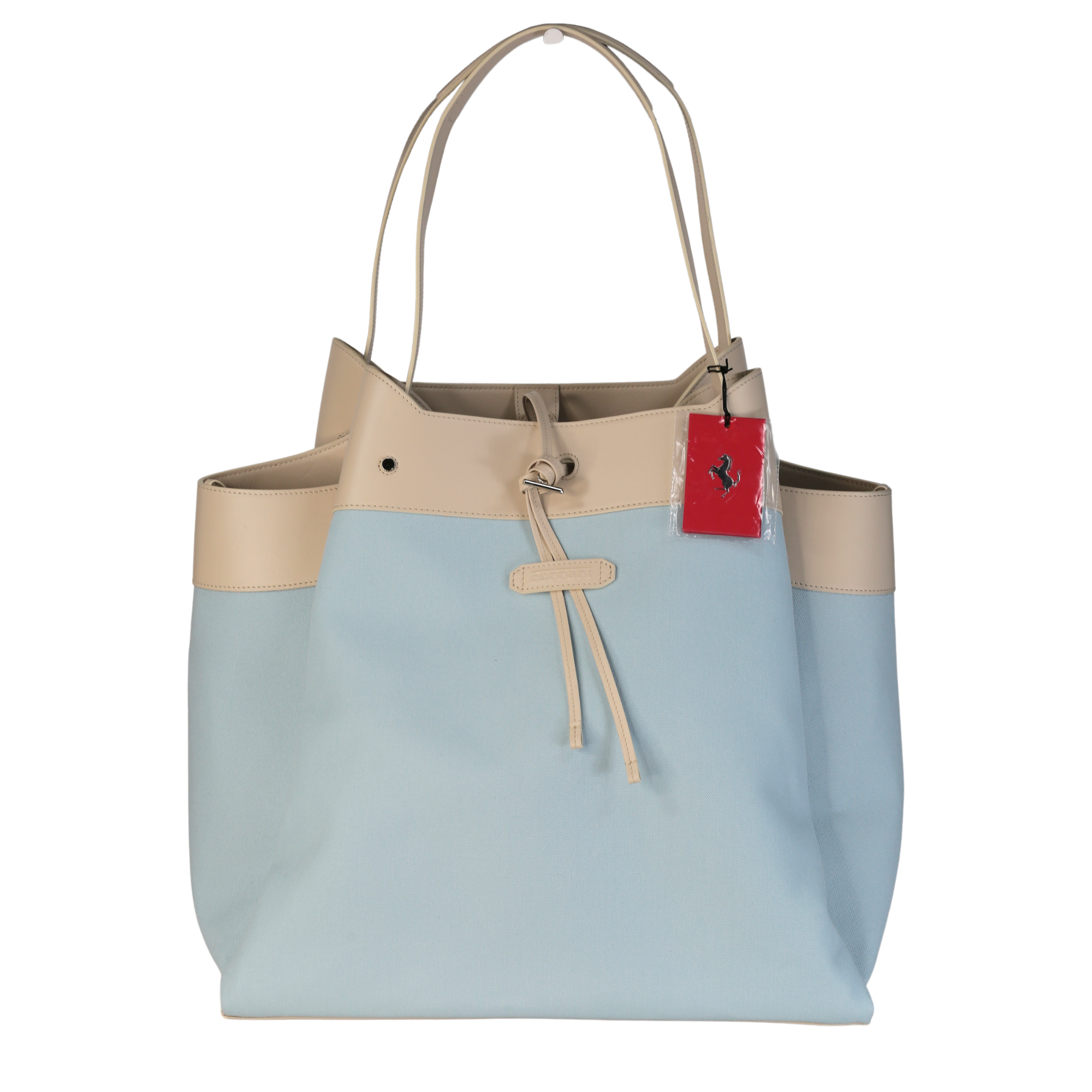 Ferrari X Charles Leclerc Large Tote Bag In Blue Canvas And Stone Leather