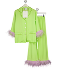SLEEPER Green & Lavender Party Feather-trimmed Crepe De Chine Pyjama Set UK XS