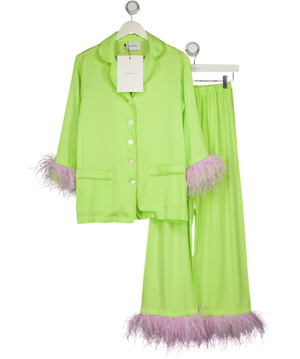 SLEEPER Green & Lavender Party Feather-trimmed Crepe De Chine Pyjama Set UK XS