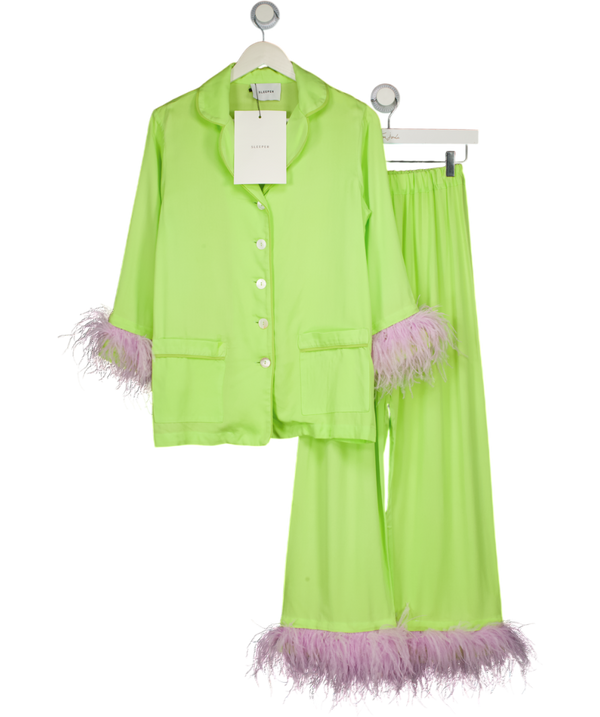 SLEEPER Green & Lavender Party Feather-trimmed Crepe De Chine Pyjama Set UK XS