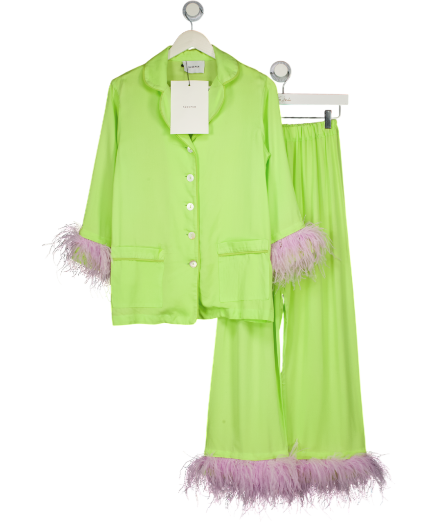 SLEEPER Green & Lavender Party Feather-trimmed Crepe De Chine Pyjama Set UK XS