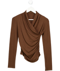 Commense Brown Cross-over Collar Pleated Cinched T-shirt UK XS