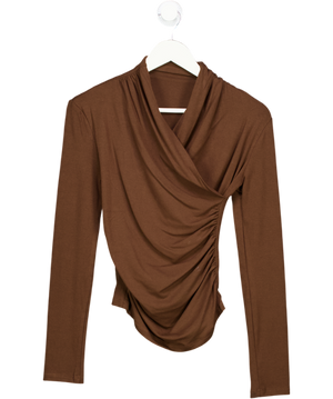 Commense Brown Cross-over Collar Pleated Cinched T-shirt UK XS