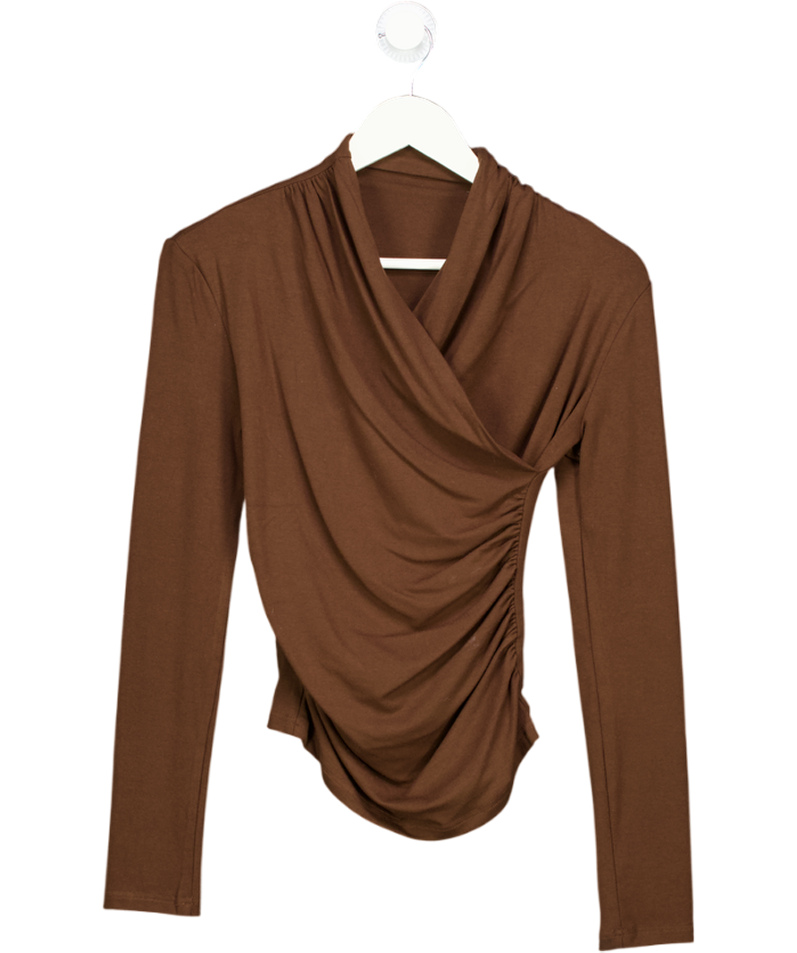 Commense Brown Cross-over Collar Pleated Cinched T-shirt UK XS