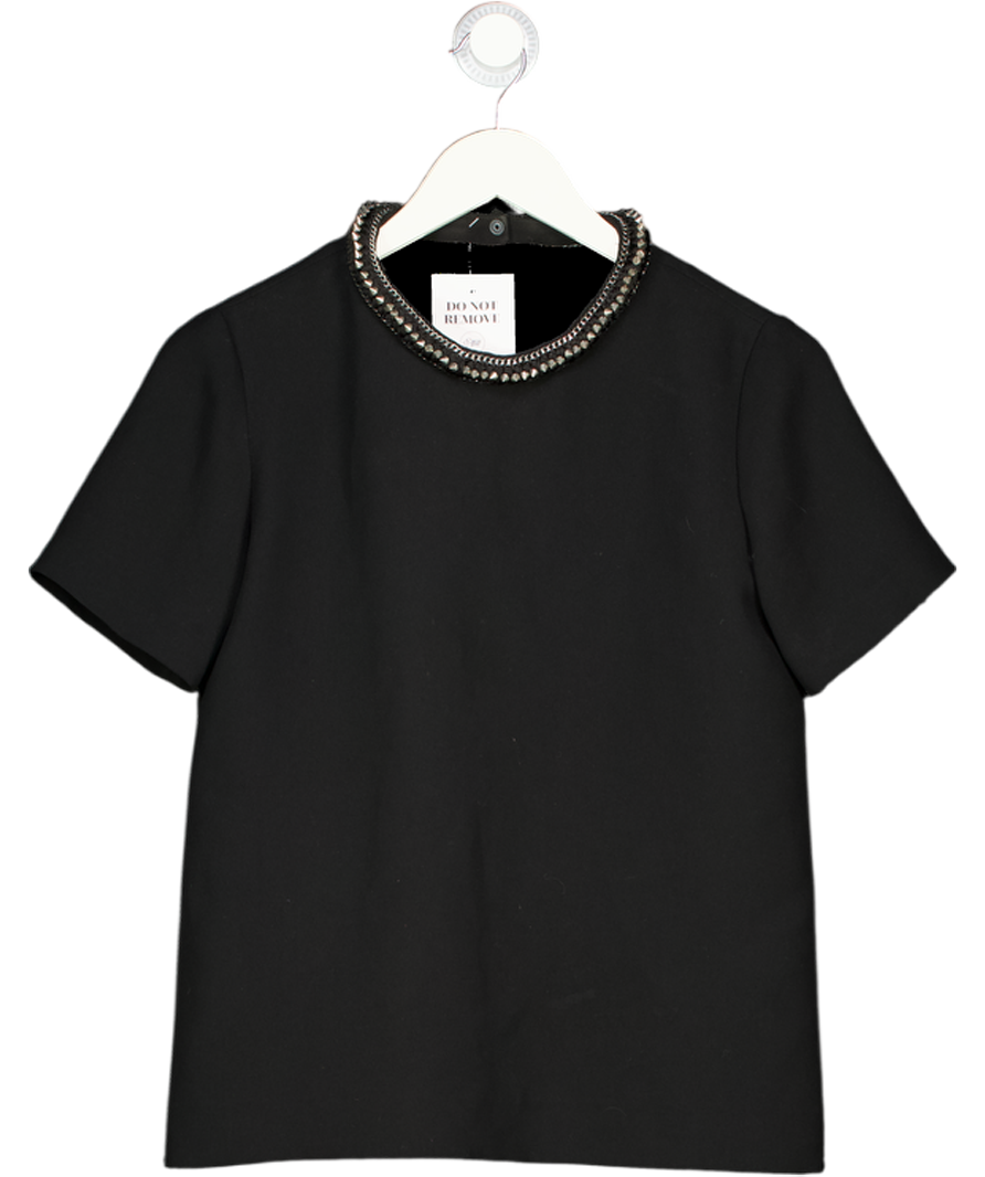 Sandro Black Studded Neckline Crepe Short Sleeve Top Sz1 UK 8