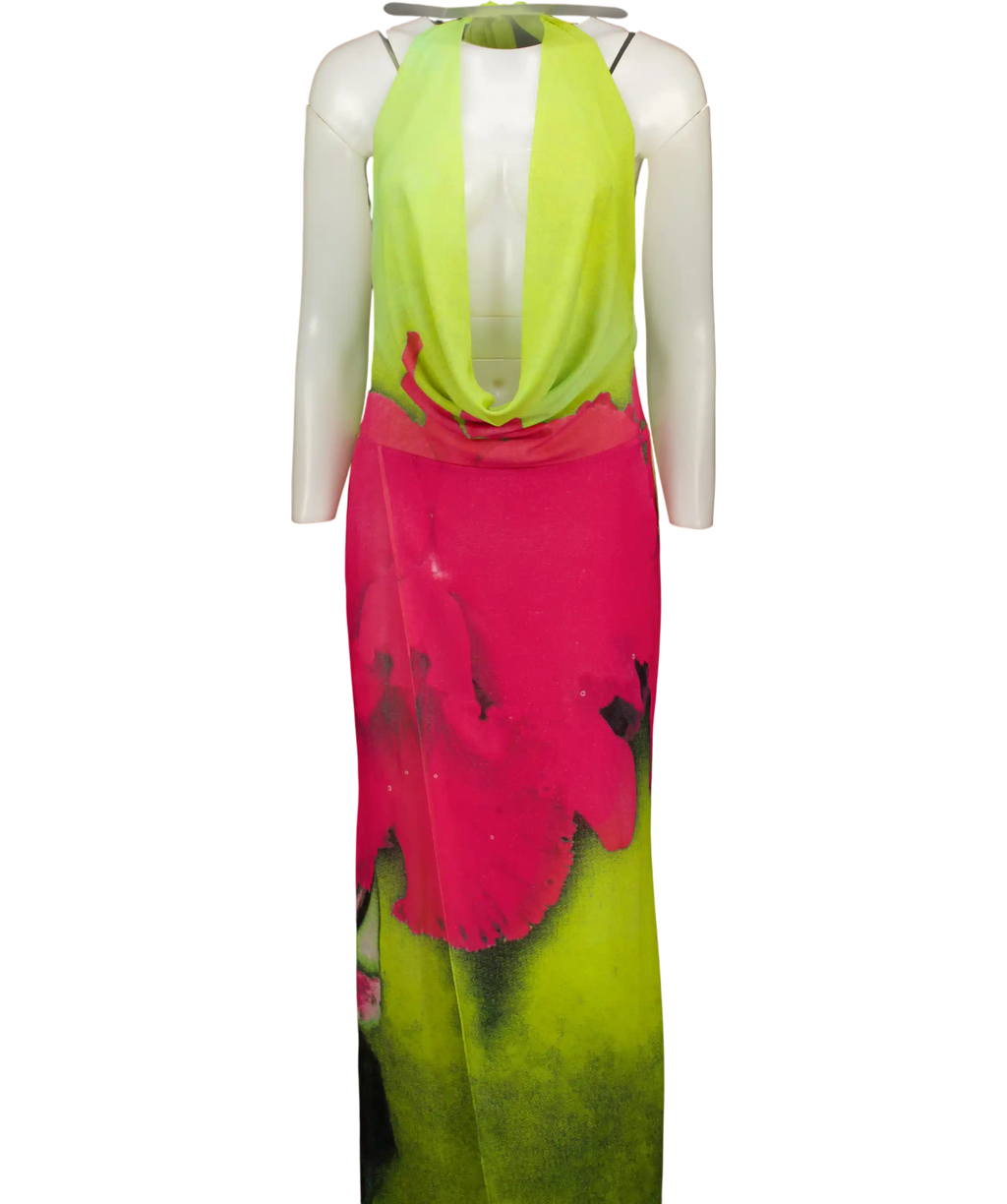 I AM GIA Samantha Green And Pink Orchid Print Halter Maxi Dress UK XS