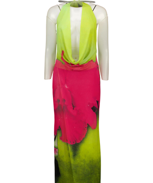 I AM GIA Samantha Green And Pink Orchid Print Halter Maxi Dress UK XS