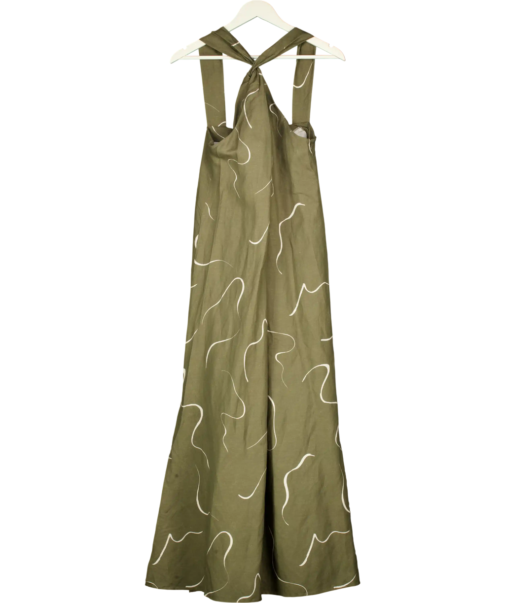 WAT. THE BRAND Khaki Green Print Twist Neck Linen Blend Maxi Dress UK 10