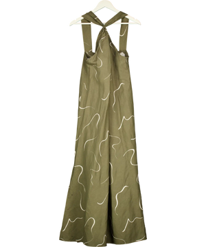 WAT. THE BRAND Khaki Green Print Twist Neck Linen Blend Maxi Dress UK 10