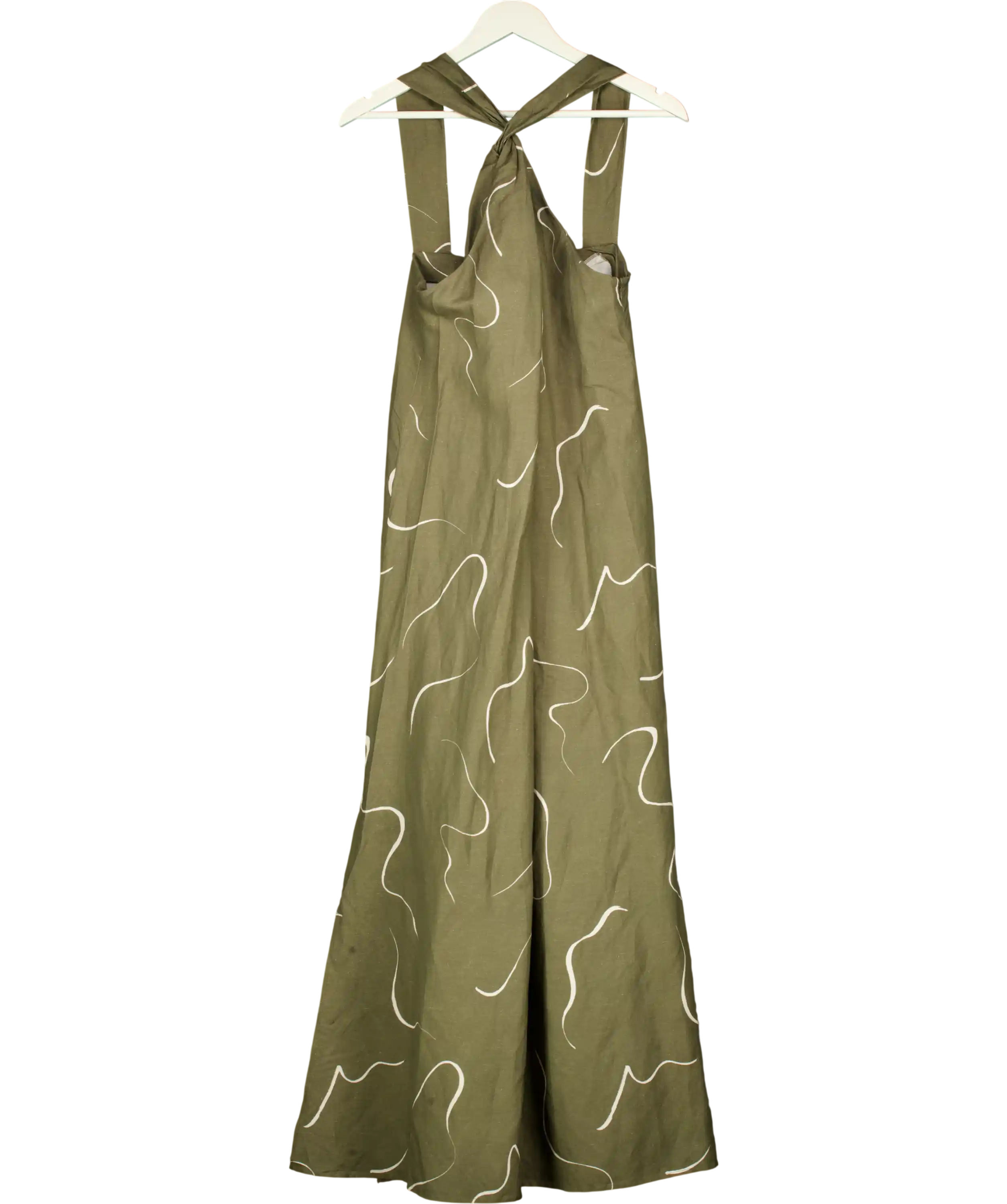 WAT. THE BRAND Khaki Green Print Twist Neck Linen Blend Maxi Dress UK 10