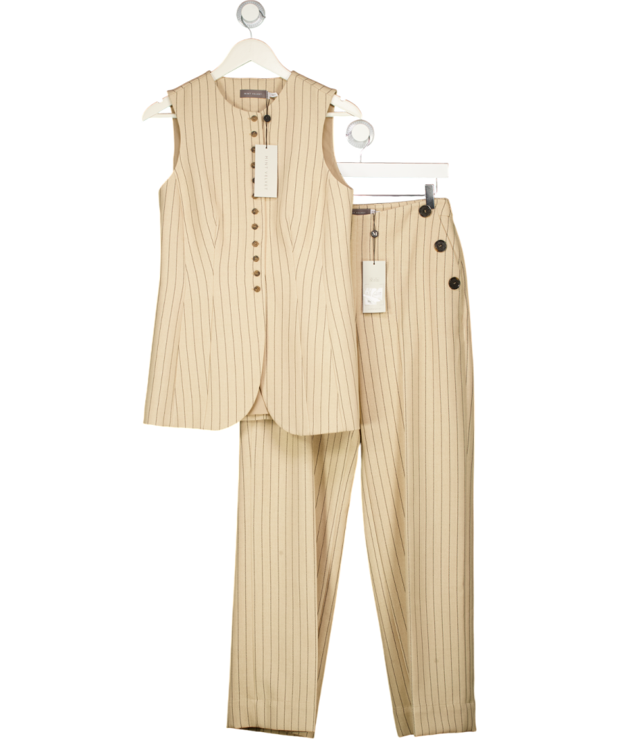 MINT VELVET 2-piece Beige Pinstripe Button Front Waistcoat Top &  Trouser Set UK 10