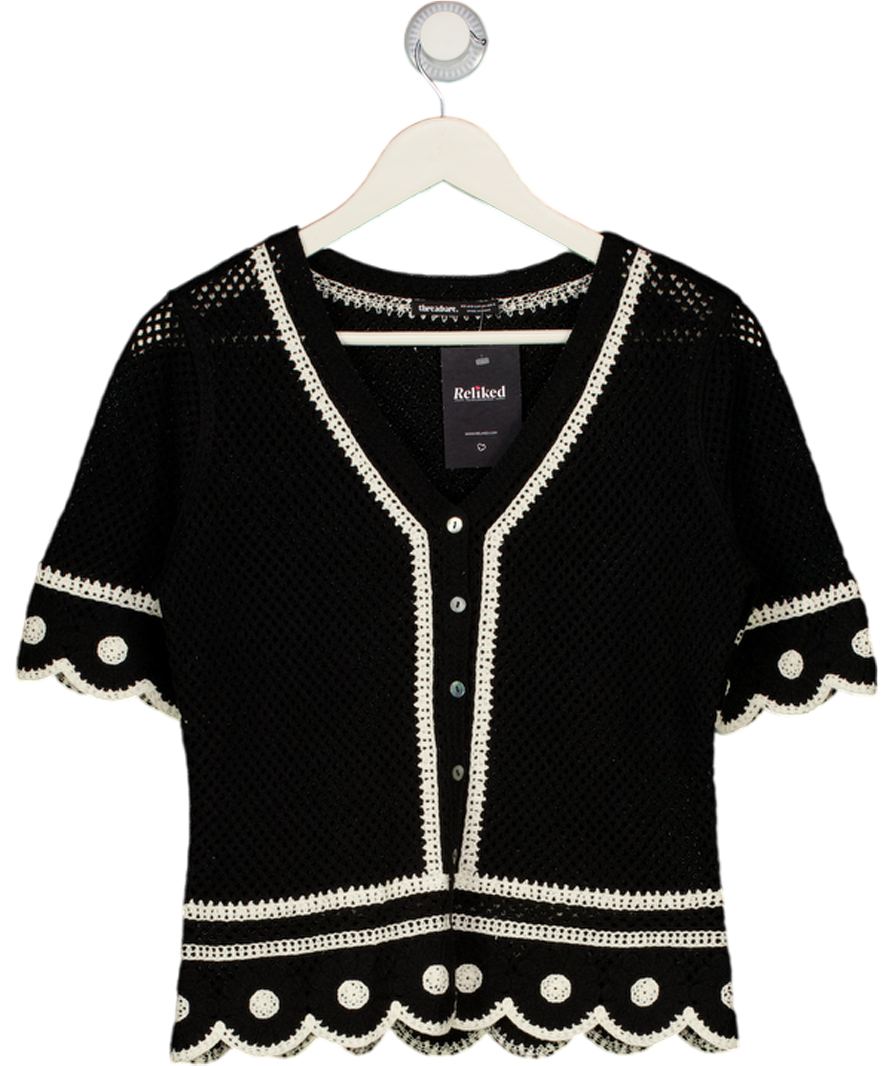 THREADBARE Crochet Scallop Hem Button Up Top In Black UK 8
