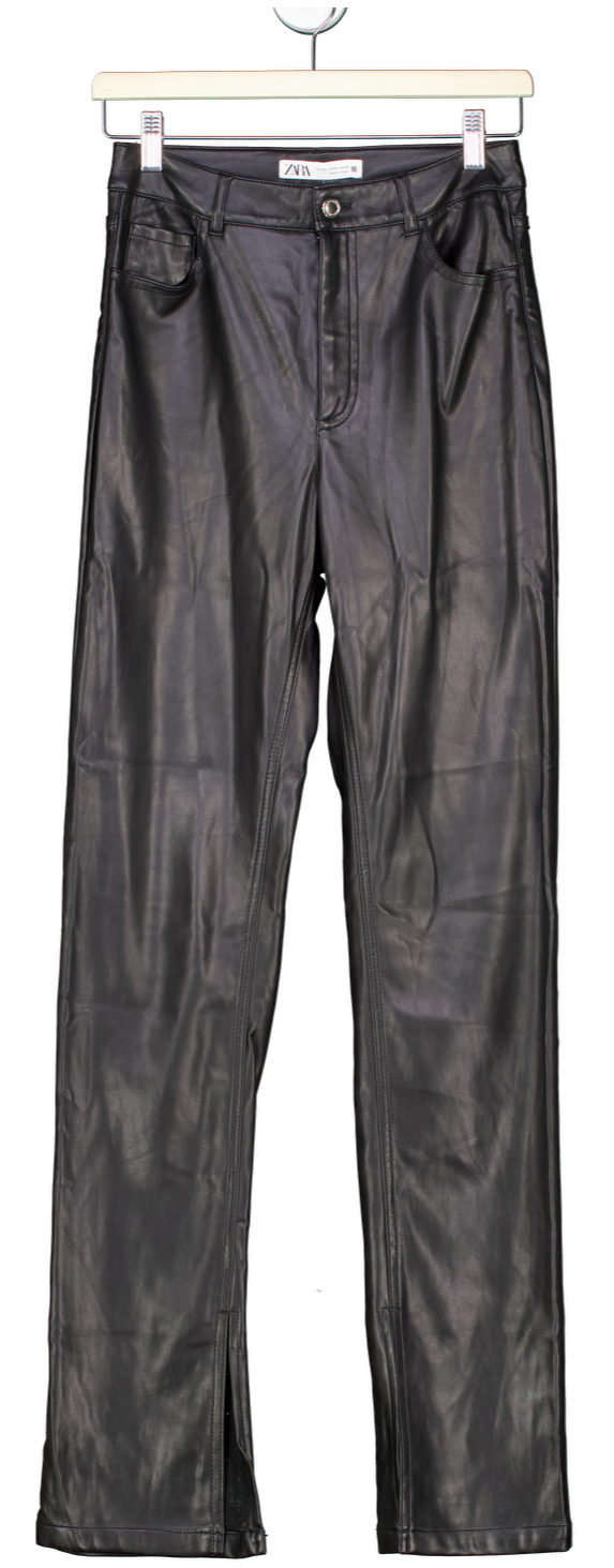 ZARA Black Leather Straight-leg Trousers UK 8