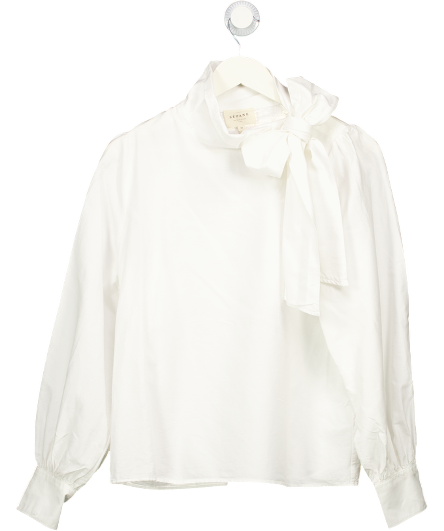 SEZANE White Tie Neck Cotton Blouse UK 10