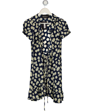 Réalisation Navy Blue Daisy Print Silk Valentina Wrap Mini  Dress UK XS