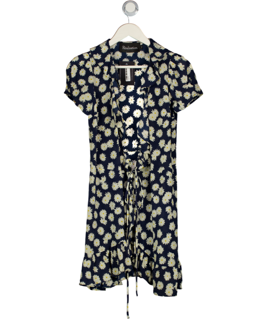 Réalisation Navy Blue Daisy Print Silk Valentina Wrap Mini  Dress UK XS