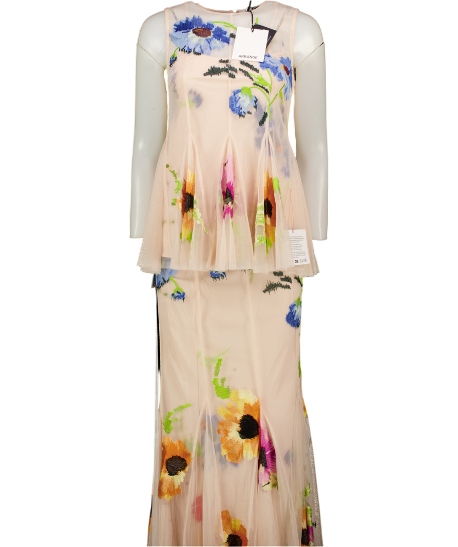 ARRANGE Pale Pink Embroidered Floral Pleated Maxi Skirt & Pleated Top Set UK 8