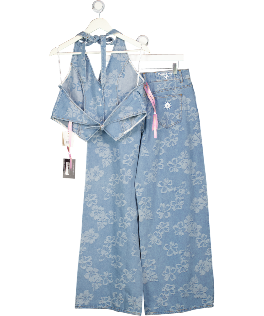 KULANI KINIS 2-piece Blue Floral Denim Straight Leg Jeans (uk L) And Halterneck Waistcoat Top (uk Xl) Set UK L/XL