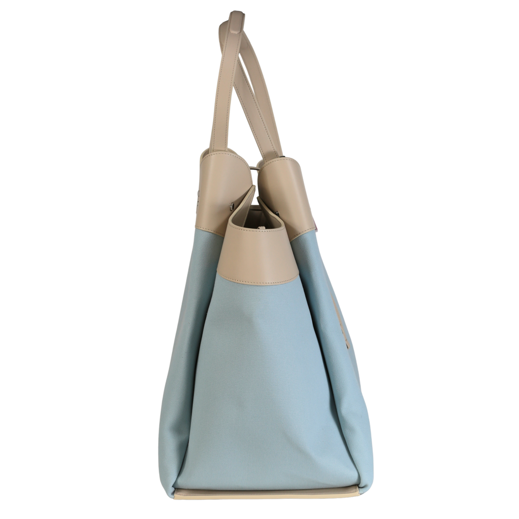 Ferrari X Charles Leclerc Large Tote Bag In Blue Canvas And Stone Leather