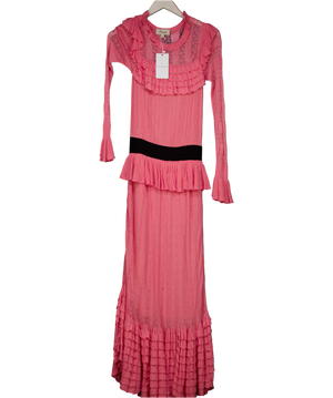 Temperley London  Pink Ruffled Crochet Knit Maxi Dress UK S