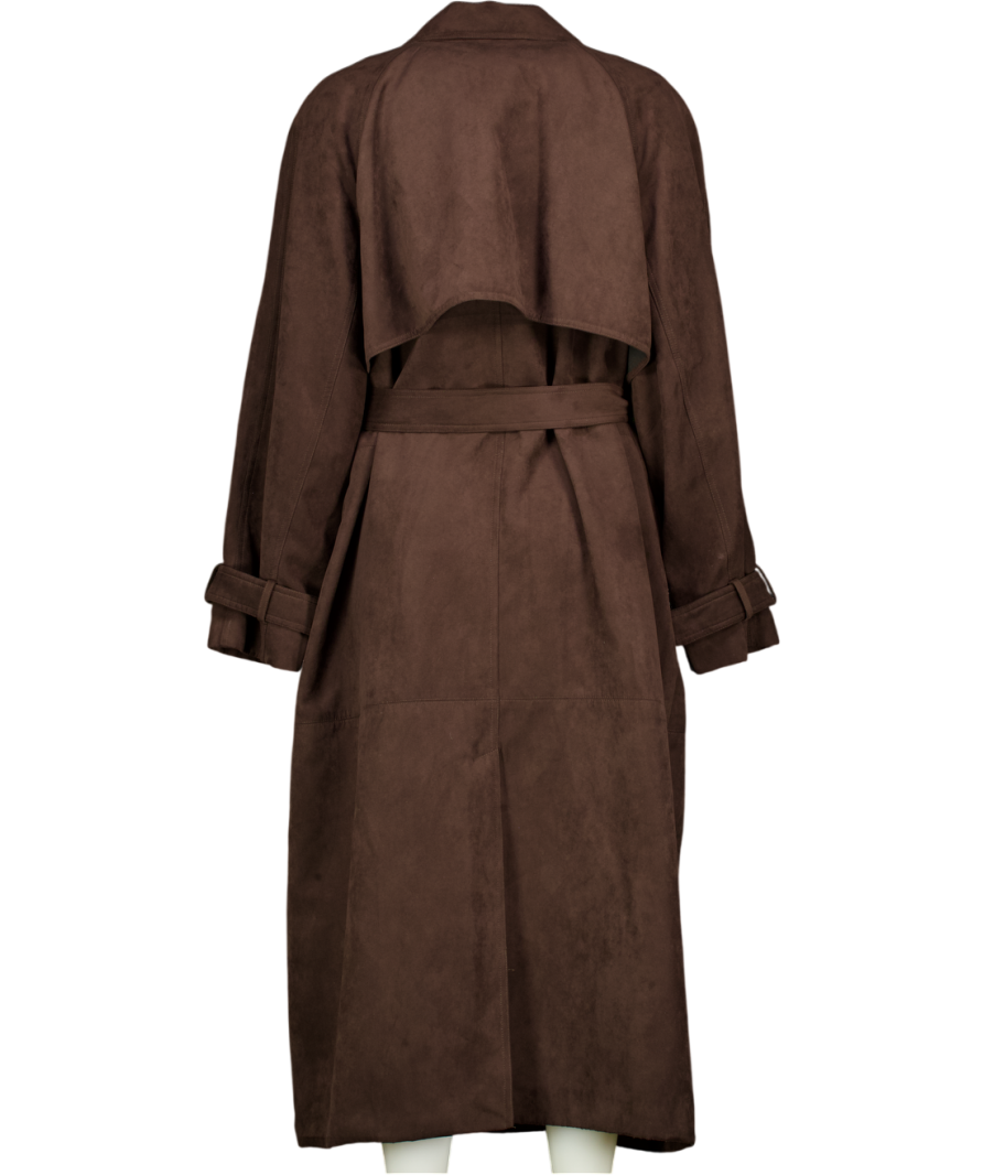 M&S Brown Double Breasted Longline Suedette Trench Coat UK 18
