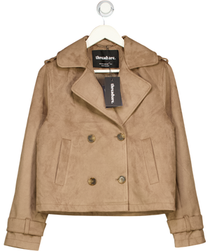 THREADBARE Brown Suedette Cropped Trench Coat In Taupe UK 8