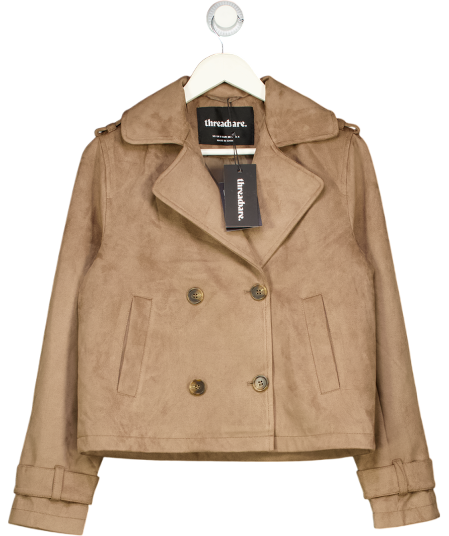 THREADBARE Brown Suedette Cropped Trench Coat In Taupe UK 8