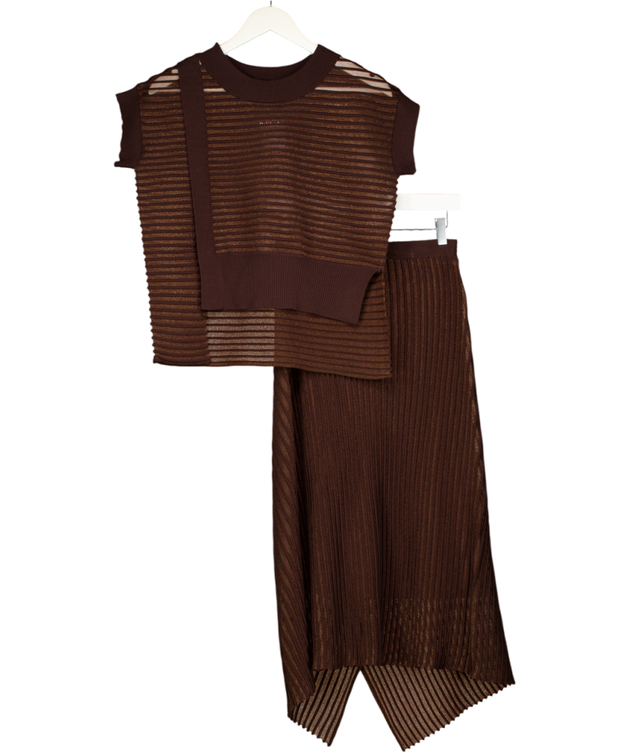 Leem Brown Asymmetric Mesh Midi Skirt And Top Set UK S