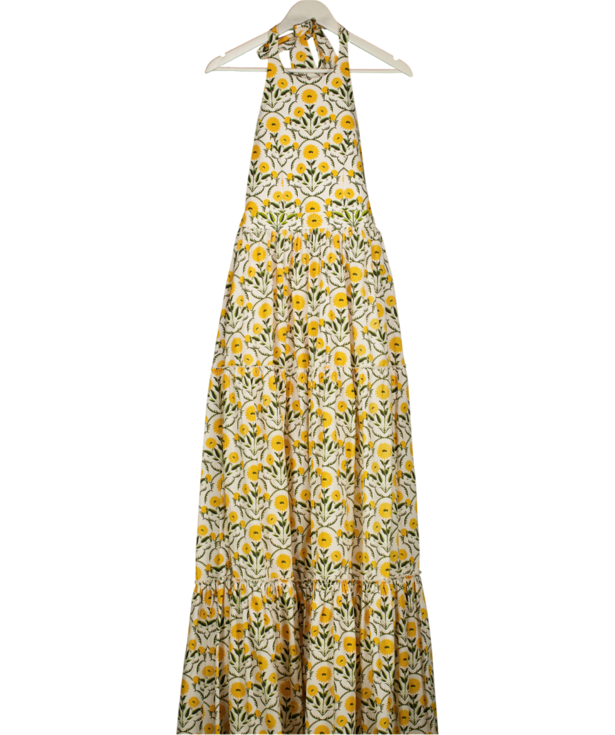 AGUA BY AGUA BENDITA Yellow Naranja Floral Cotton Poplin Maxi Halter Dress UK S