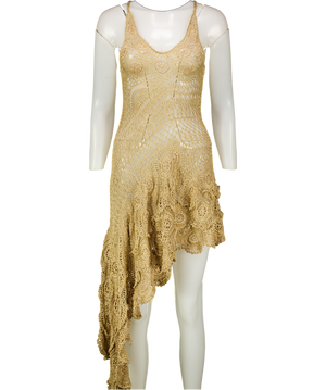ANDREA ALMEIDA Gold Crochet Asymmetric Scalloped Hem Astrid Dress  SZP