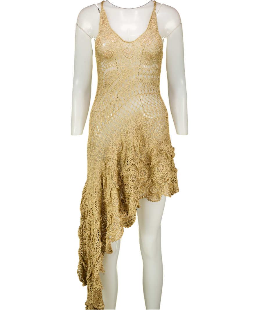 ANDREA ALMEIDA Gold Crochet Asymmetric Scalloped Hem Astrid Dress  SZP