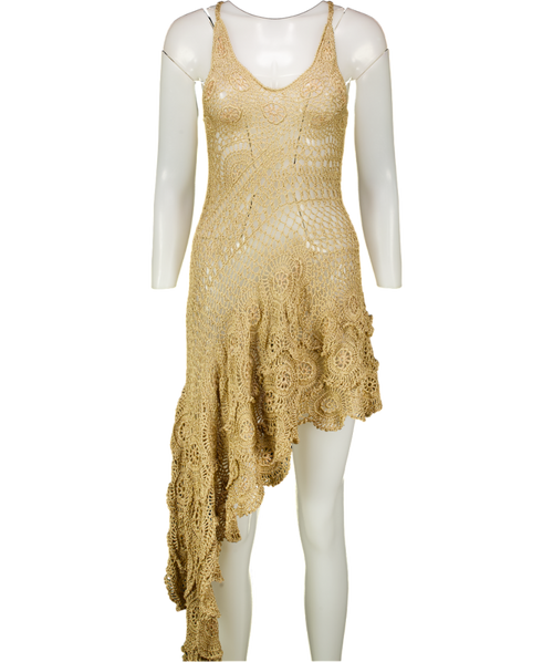 ANDREA ALMEIDA Gold Crochet Asymmetric Scalloped Hem Astrid Dress  SZP