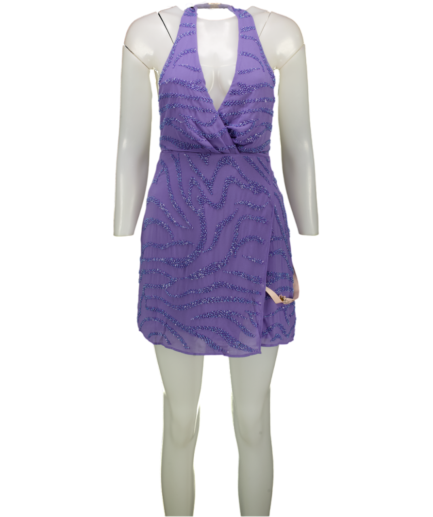 Oh Polly Lavener Purple Beaded Halterneck Mini Dress UK 8