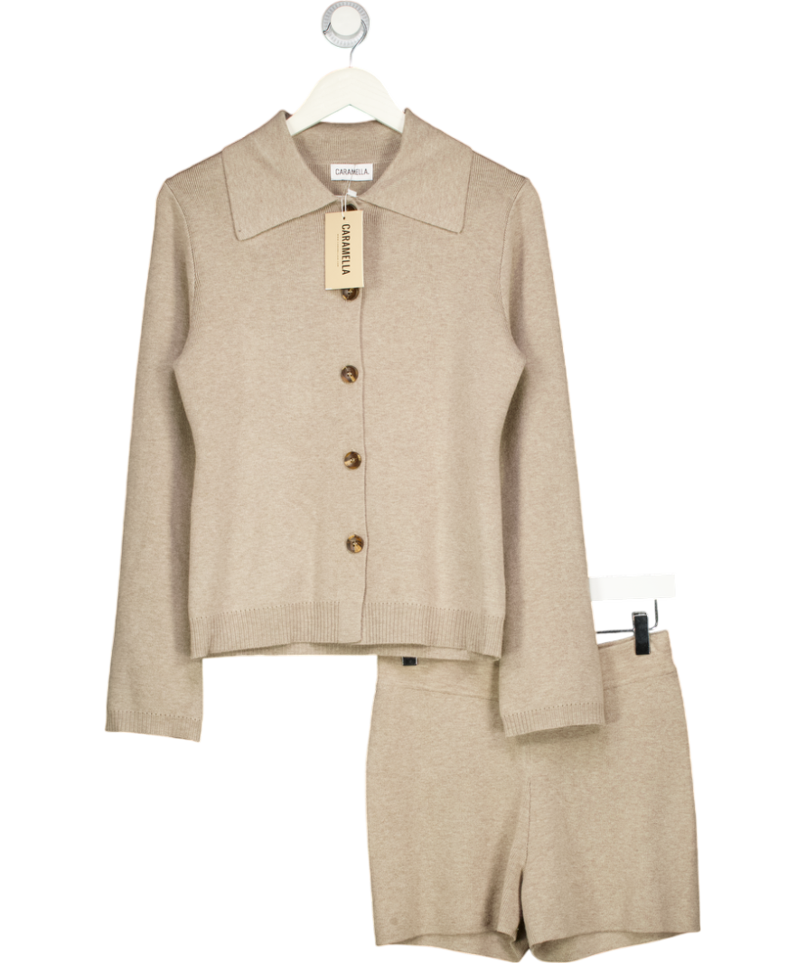 CARAMELLA Beige Knit Button Up Collared Cardigan & Mini Short Co-ord Set UK 8