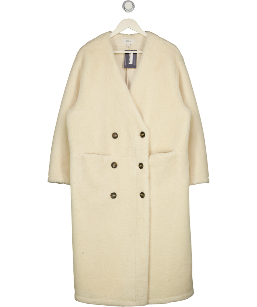 M&S Cream Borg Collarless Double Breasted Longline Coat UK L