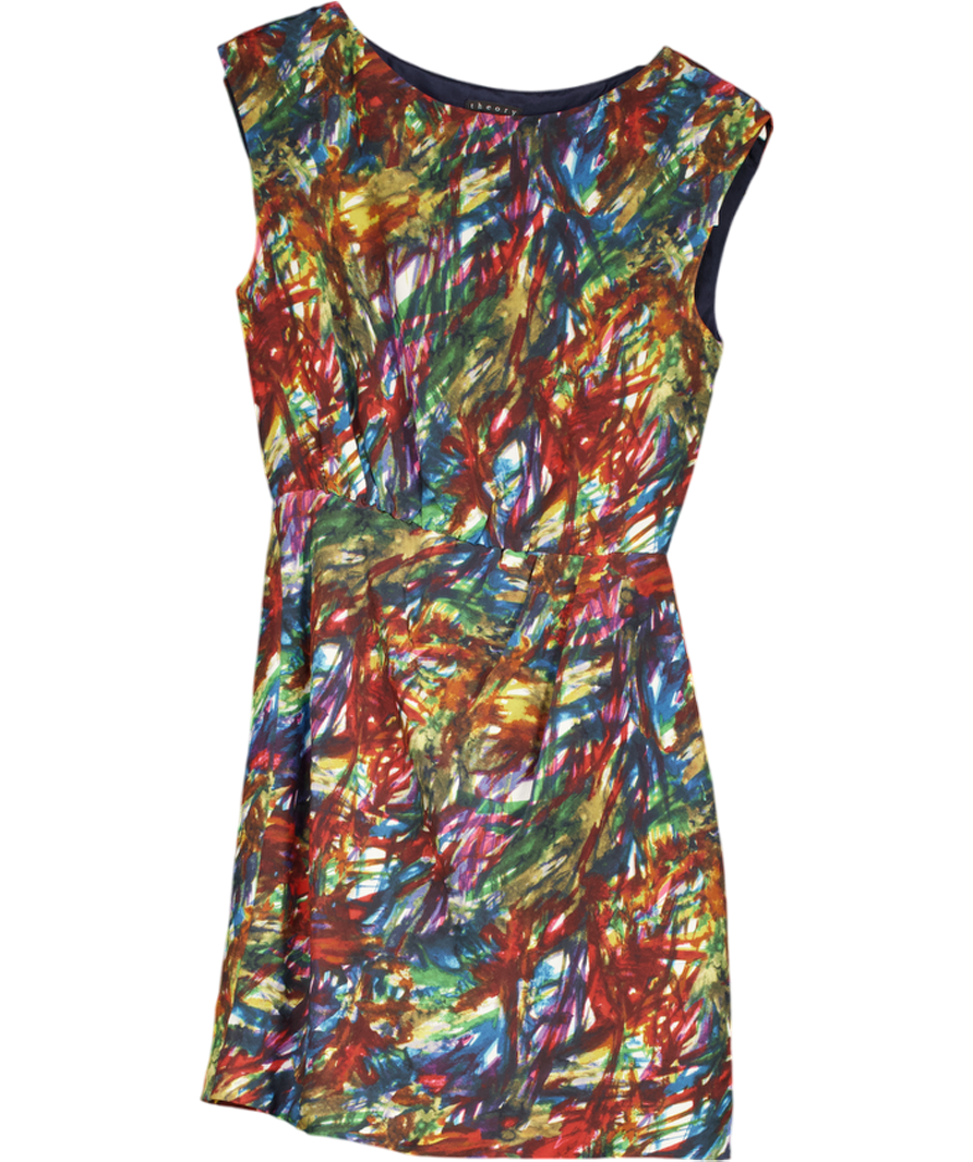 Theory Multicoloured Silk Printed Shift Mini Dress Sz2 UK 6