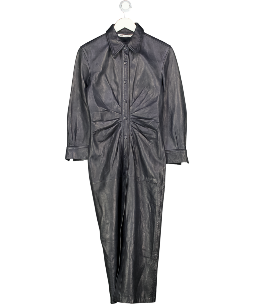 ZARA Navy Blue Faux Leather Midi Shirt Dress With Ruched Detail UK S