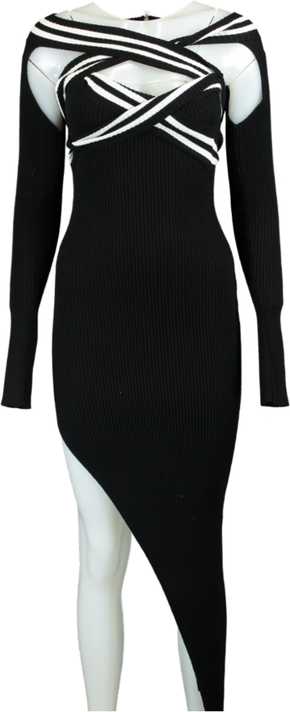 Fashion Nova Black Asymmetric Ribbed Dress UK S