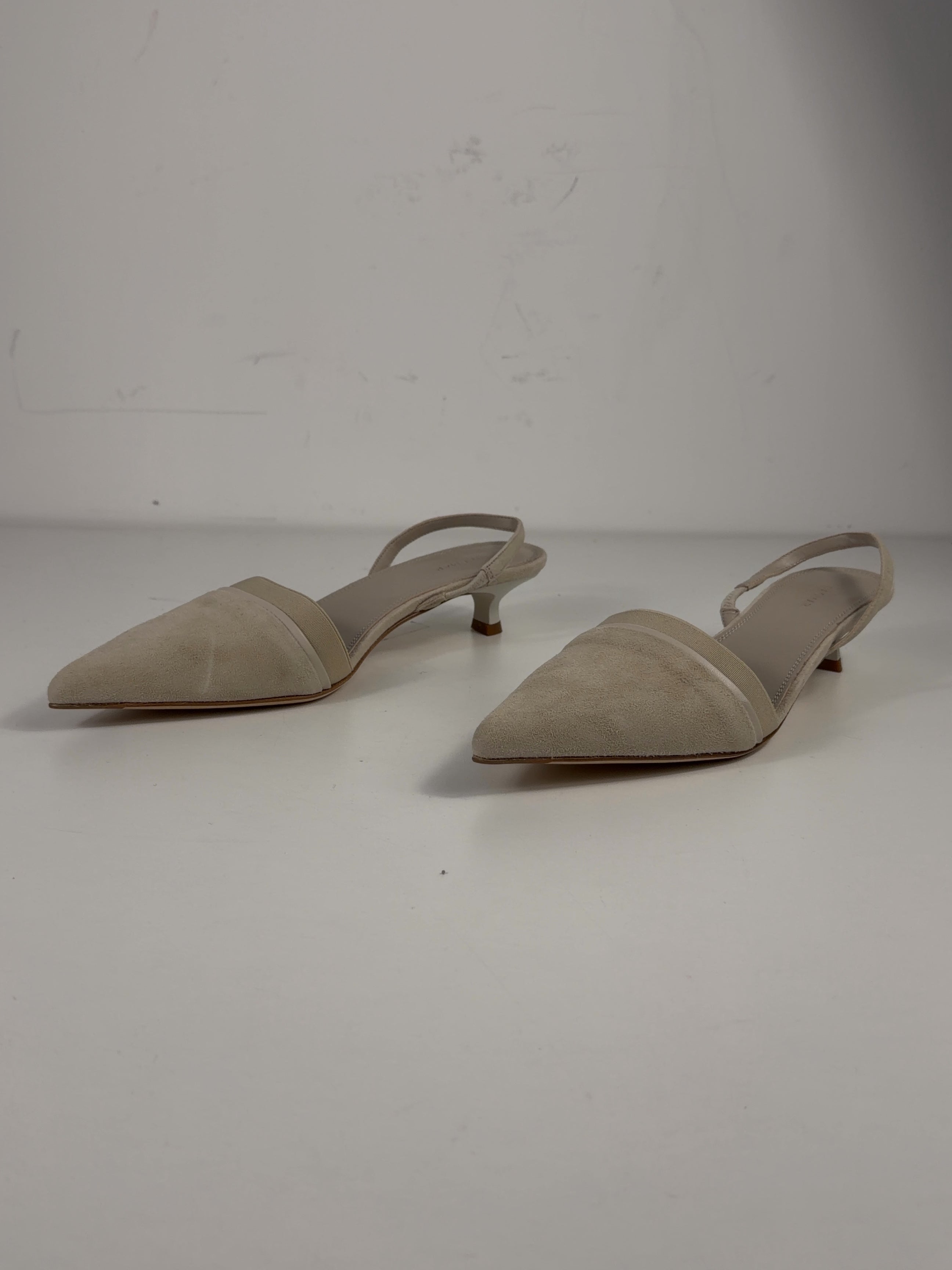 Dagmar Cream QC House of Dagmar Suede Slingback Kitten Heels, size UK 6 EU 39 👠 — label