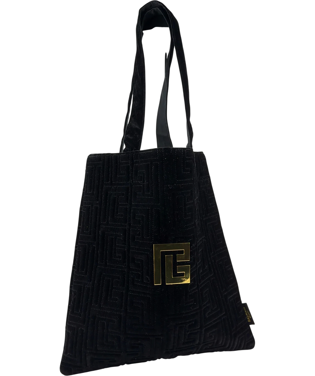 BALMAIN Black Quilted Monogram Velvet Gold Hardware Tote Bag — Front