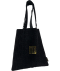 BALMAIN Black Quilted Monogram Velvet Gold Hardware Tote Bag — Front