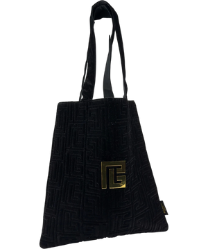 BALMAIN Black Quilted Monogram Velvet Gold Hardware Tote Bag