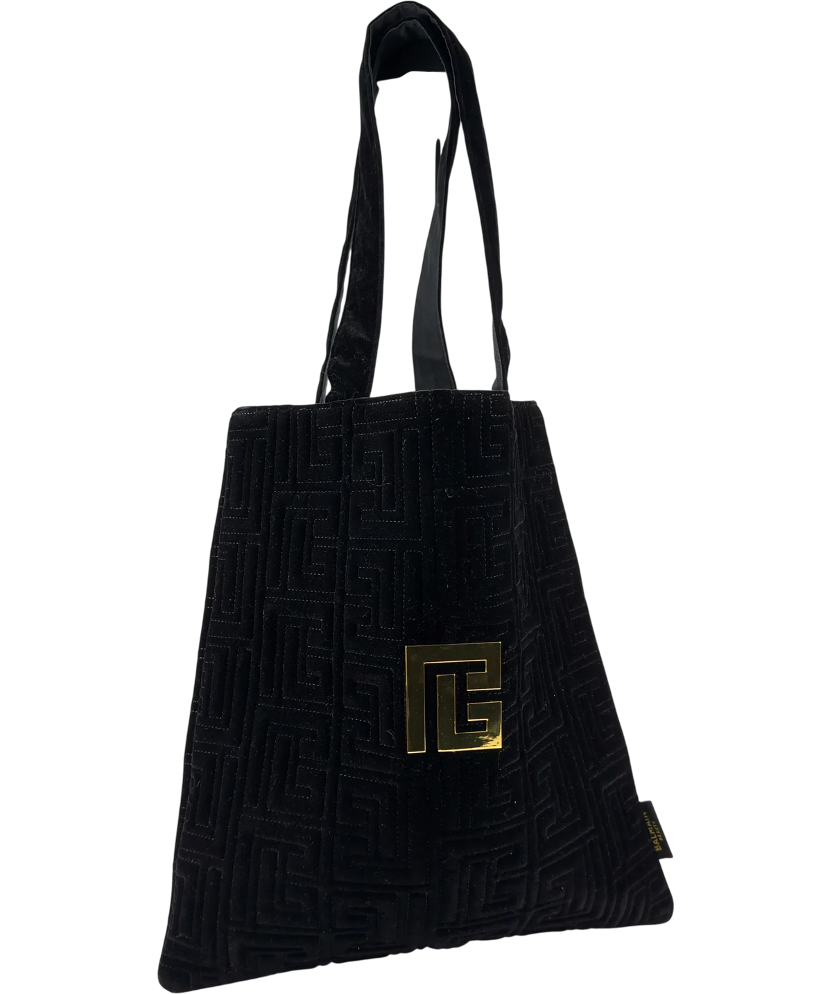 BALMAIN Black Quilted Monogram Velvet Gold Hardware Tote Bag — Front