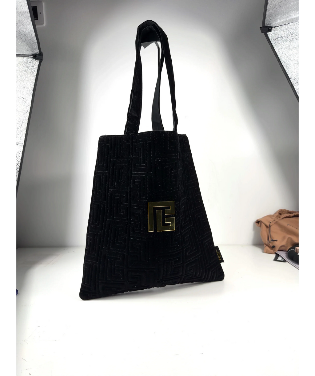 BALMAIN Black Quilted Monogram Velvet Gold Hardware Tote Bag — Size
