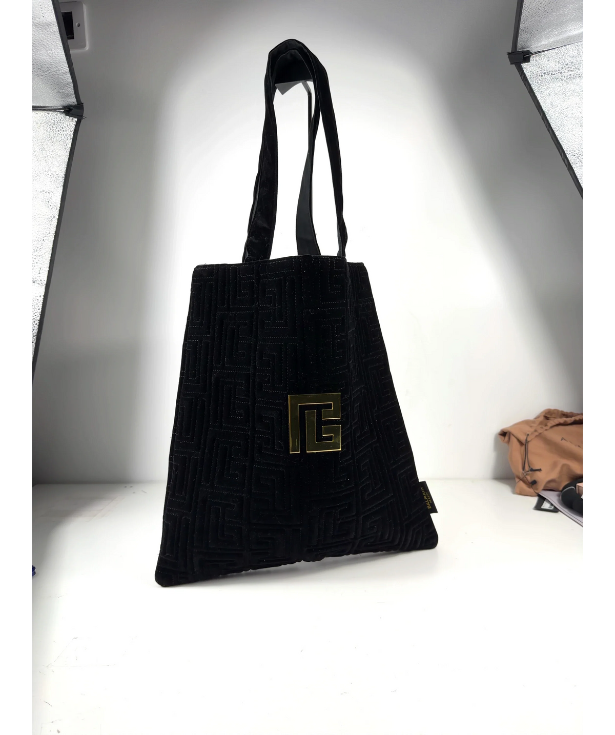 BALMAIN Black Quilted Monogram Velvet Gold Hardware Tote Bag — Size