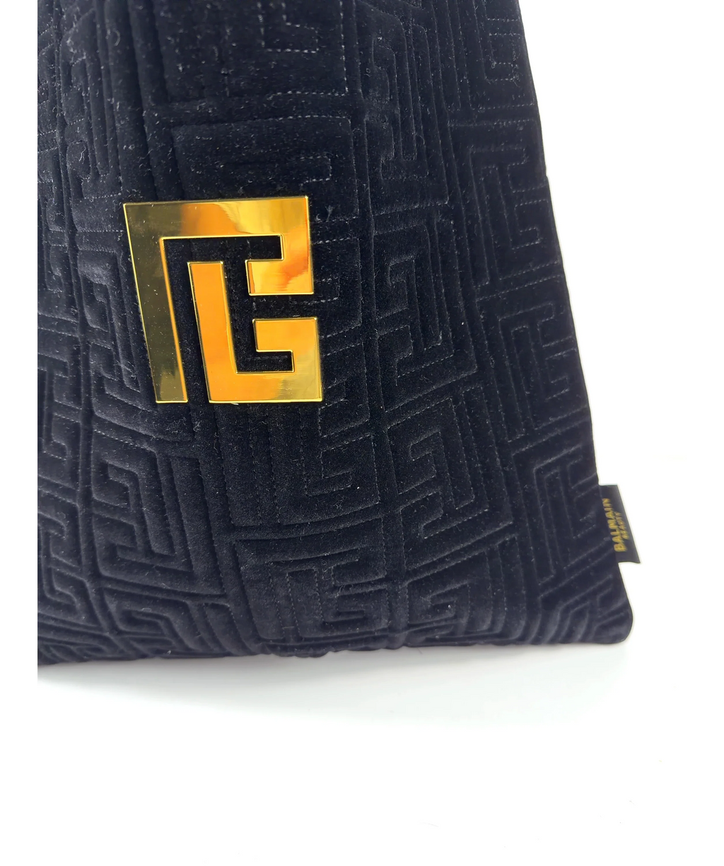 BALMAIN Black Quilted Monogram Velvet Gold Hardware Tote Bag — Materials