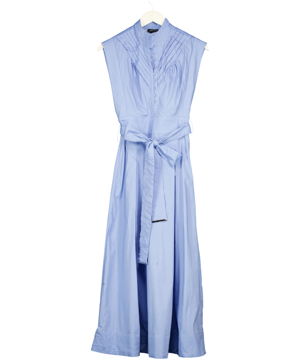 KAREN MILLEN Blue Cotton Pleated Tie Waist Woven Midi Dress, size UK 6 — front
