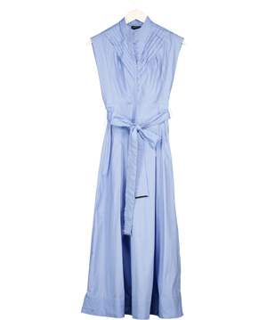 Karen Millen Cotton Pleated Tie Waist Woven Midi Dress Blue UK 6