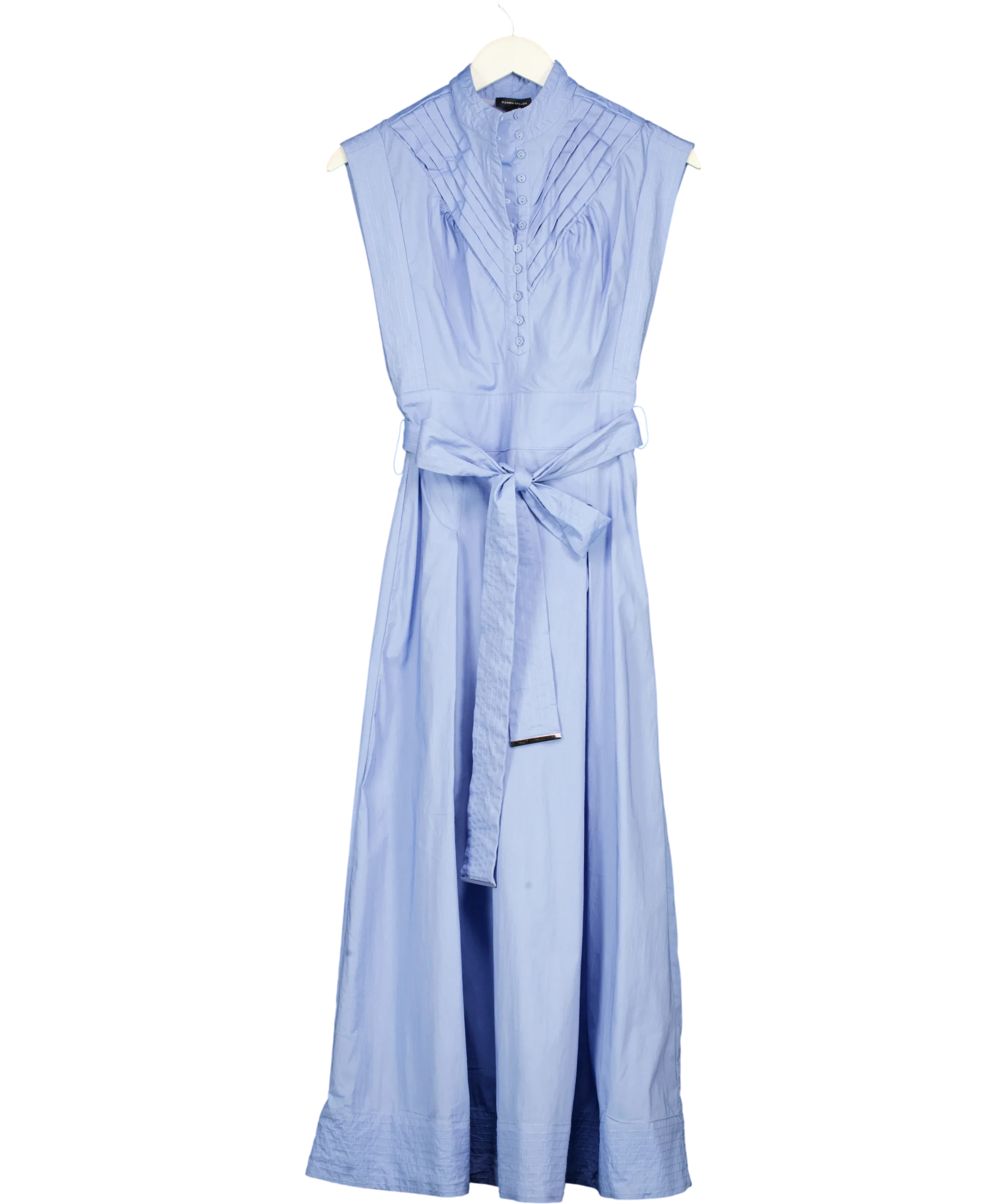 KAREN MILLEN Blue Cotton Pleated Tie Waist Woven Midi Dress, size UK 6 — front